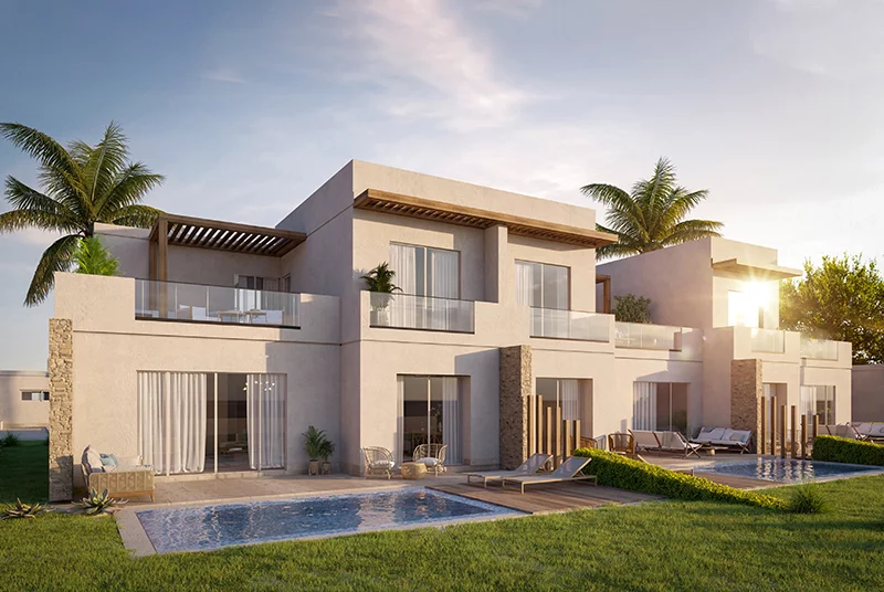 Standalone Villa at Fanar Views and its garden and pool at Hawana Salalah Oman.